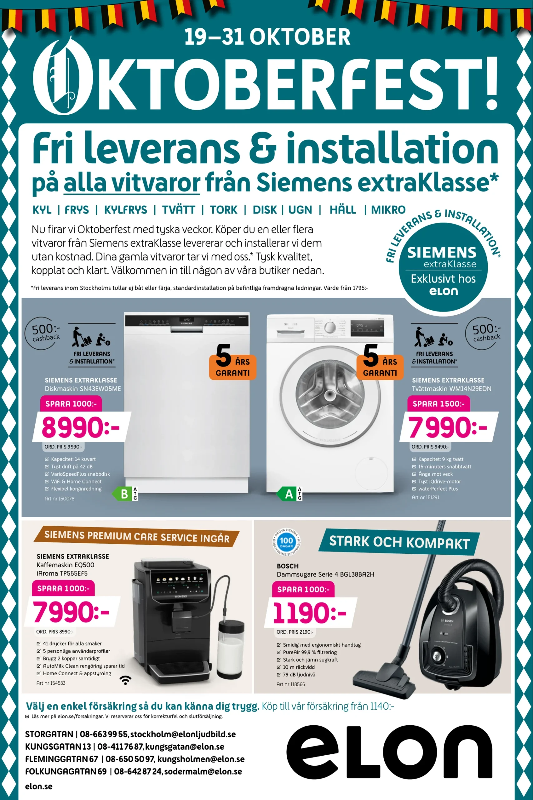 Oktoberfest 19–31 oktober: fri leverans och installation på alla vitvaror från Siemens extraKlasse